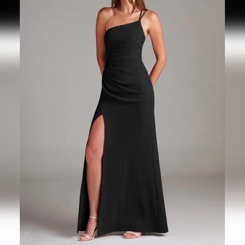 Azazie Eren Black Sheath One Shoulder Stretch Crepe Dress LNC